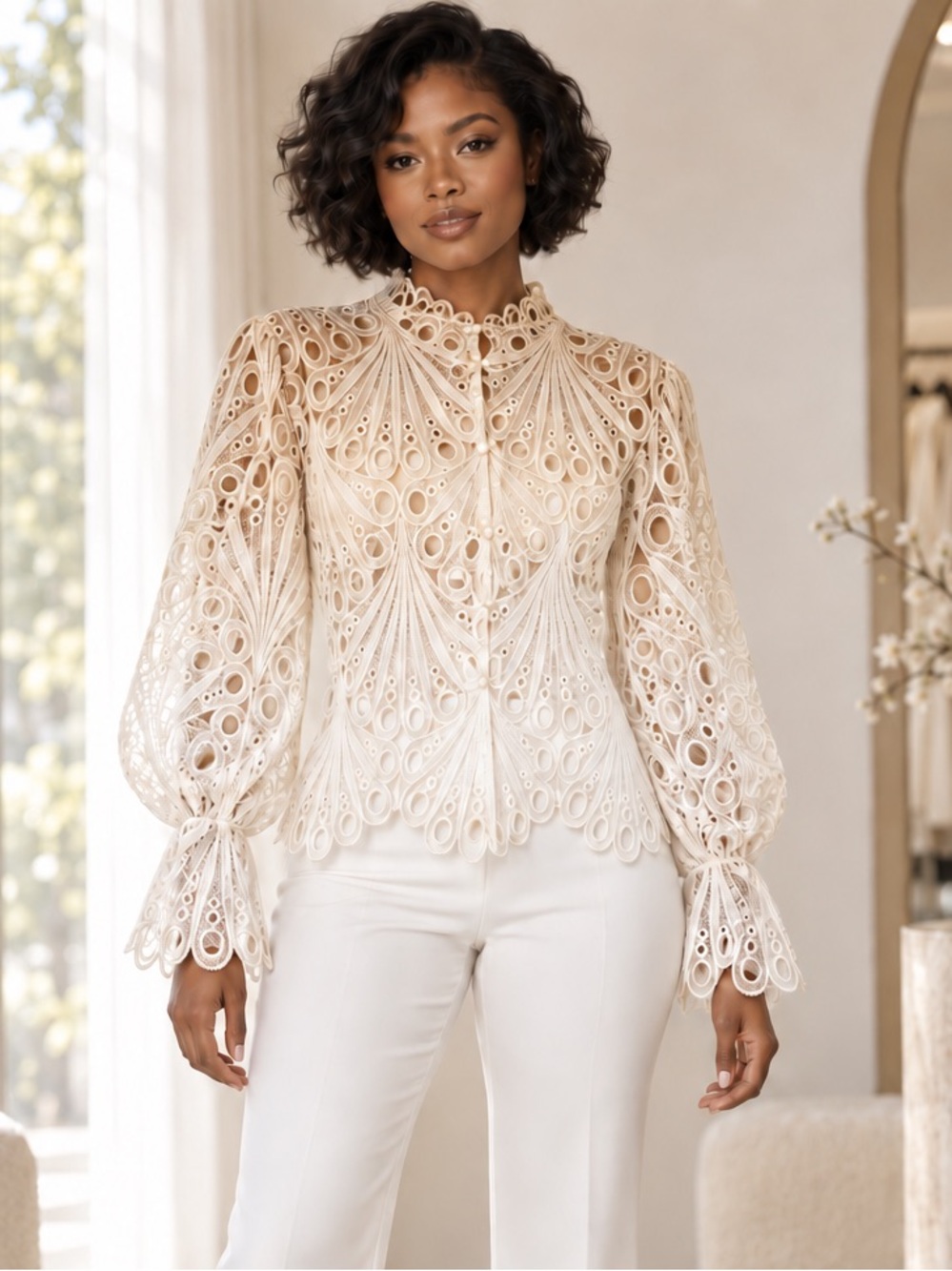 Ivory Ombré Sheer Lace Bell Sleeve Blouse Size Small (40”-44” B)